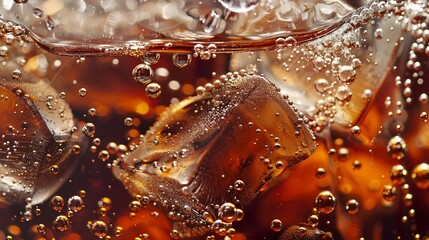 Leinwandbilder - Cola with Ice Close up of the ice cubes in cola water Texture of carbonate drink with bubbles in glass Cola soda and ice splashing fizzing or floating up to top of surface Cold drink b : Generative AI