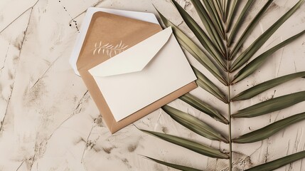 Aufkleber - Summer stationery still life Closeup of blank card mockup and craft envelope on dry palm leaf Grunge beige concrete background Flat lay top view tropical vacation concept Moody boho de : Generative AI