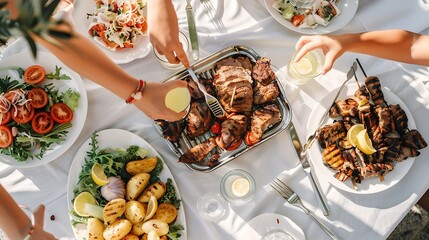 Summer barbeque party Flatlay of table with grilled meat vegetables salad roasted potato and peoples hands with glasses of lemon water over white tablecloth top view Family gathering c : Generative AI