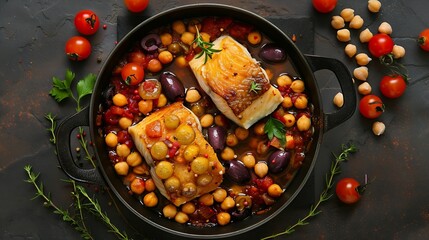 Aufkleber - Cod stew with chickpeas cherry tomatoes and olives in cooking pan over dark stone background Top view flat lay : Generative AI
