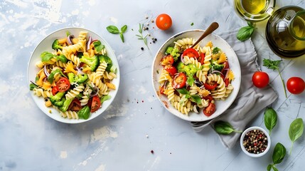 Wall Mural - Plate and bowl with tasty pasta salad and ingredients on light background : Generative AI