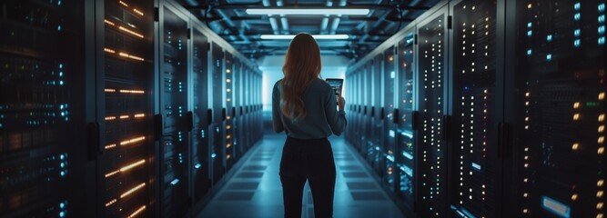 Aufkleber - A female analyst in a data center focuses on analyzing large amounts of data to ensure its security and storage in cloud storage.