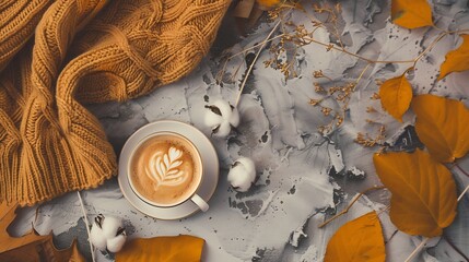 Aufkleber - Autumn composition A cup of coffee cotton flowers autumn leaves and sweater on stone background Flat lay top view with copy space : Generative AI