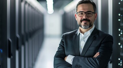Poster - The businessman improves and optimizes work processes in the data center, introducing new tools and technologies to increase the productivity and efficiency of the team.