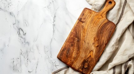 Aufkleber - Empty wooden cutting board and tablecloth on white stone table Top view copy space : Generative AI