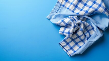 Poster - Kitchen table cloth Cooking towel on blue background Top view flat lay with copy space : Generative AI