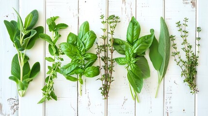 Aufkleber - Various fresh herbs from the garden peppermint  sweet basil rosemaryfennel sage and lemon thyme on white wooden background with flat lay and copy space : Generative AI