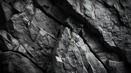Poster - Black white rock texture Rough mountain surface Closeup Dark volumetric stone background with space for design Crumbled Weathered : Generative AI