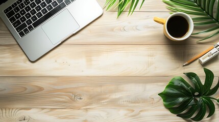 Aufkleber - Flat lay top view office table desk Workspace with laptopoffice supplies pencil green leaf and coffee cup on wood background : Generative AI