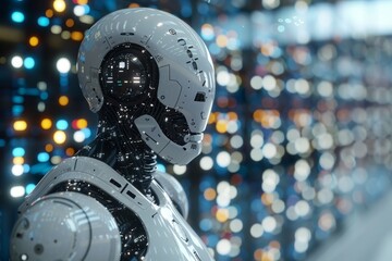 Poster - Detailed view of a humanoid robot face, showcasing advanced technology and artificial intelligence