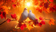 Two white doves perched closely together amidst a backdrop of autumn leaves