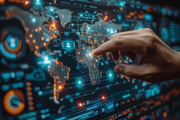 Poster - Close-up of a human finger interacting with a futuristic digital map interface displaying global connectivity points and data streams
