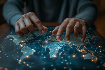Poster - An individual interacts with a high-tech digital world map that glows, symbolizing global connection and exploration