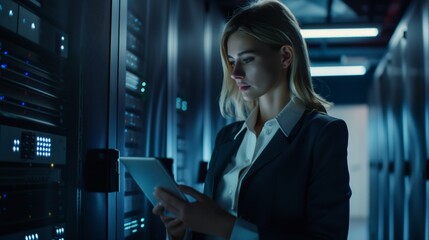 Poster - A professional data scientist in a data center analyzes large amounts of information and develops strategies for storing and protecting it to ensure data reliability and confidentiality.