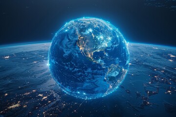 Poster - The Earth shines from space with illuminated network lines representing global connectivity and tech