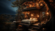 Treehouse Getaway Concept. Cozy Treehouse with Lights at Night. Magical Tree house with Bed and Lights in the Woods