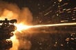 : A machine gun firing in slow motion, with the tracer rounds leaving trails of light