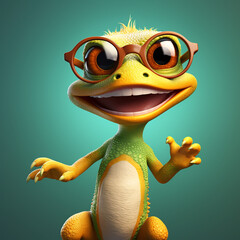 Sticker - young gecko in glasses looks happy and smile cartoon style сreated with Generative Ai