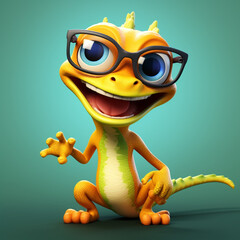 Sticker - young gecko in glasses looks happy and smile cartoon style сreated with Generative Ai