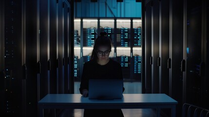 Aufkleber - A female engineer is actively involved in improving software to ensure efficient network operation and data storage in a cloud environment.