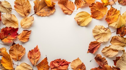 Aufkleber - Autumn composition Frame made of autumn dried leaves on white background Flat lay top view copy space : Generative AI