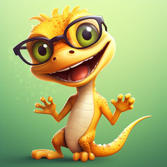 Sticker - young gecko in glasses looks happy and smile cartoon style сreated with Generative Ai