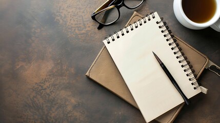 Poster - Styled stock photography brown office desk table with blank notebook computer supplies and coffee cup Top view with copy space Flat lay : Generative AI