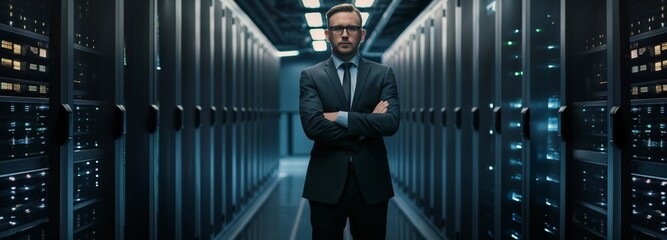 Poster - A businessman-strategist in a data center conducts a constant check of the security and efficiency of the infrastructure, ensuring the highest level of protection and safety of information. Banner