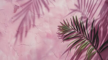 Aufkleber - Pink soft cement texture wall leaf plant shadow background Summer tropical travel beach with minimal concept Flat lay pastel color palm nature : Generative AI