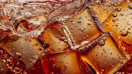 Leinwandbilder - Cola with Ice Close up of the ice cubes in cola water Texture of carbonate drink with bubbles in glass Cola soda and ice splashing fizzing or floating up to top of surface Cold drink b : Generative AI
