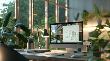 Poster - An architect designing sustainable buildings using a 3D modeling software in a home office with eco-friendly materials, styled as eco-modern.