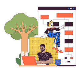 Poster - Multiracial team developing software 2D linear cartoon characters. Web designers work isolated line vector people white background. Computer software designing color flat spot illustration