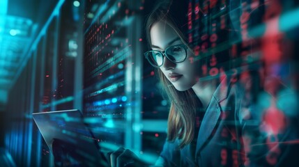 Aufkleber - A female engineer is focused on solving technical problems and ensuring the optimal functioning of the computer infrastructure in the data center. Futuristic effect on clear glass