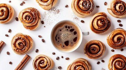 Aufkleber - Creative layout made of cinnamon buns and cup of coffee on the white background Flat lay Food concept : Generative AI