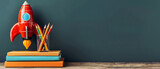Fototapeta Big Ben - Background To School Books And Pencils With Rocket Sketch