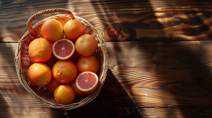 Aufkleber - Wicker basket with fresh grapefruits on wooden table flat lay : Generative AI