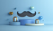 Happy Fathers day display podium background with mustache, gift box heart shape balloon, 3D rendering illustration