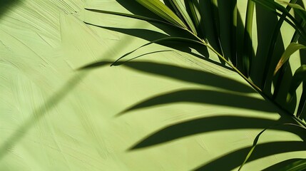 Aufkleber - Palm leaf shadow on a green wall background Olive color stylish flat lay with trendy shadow and sun light : Generative AI