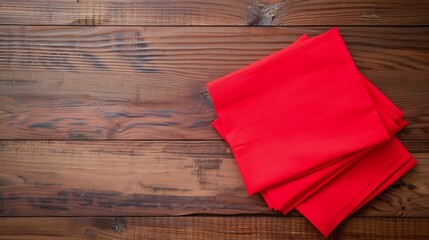 Poster - top view with red empty kitchen napkin isolated on table background Folded cloth for mockup with copy space Flat lay Minimal style : Generative AI