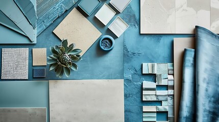 Wall Mural - Creative flat lay composition with textile and paint samples panels and cement tiles Stylish interior designer moodboard Blue and beige color palette Copy space Template : Generative AI