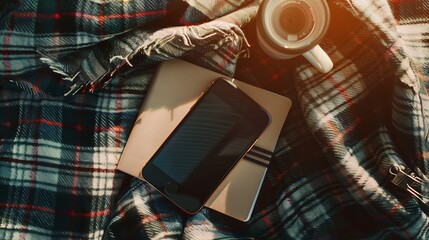 Leinwandbilder - Flat lay of cellphone on blanket plaid with notebooks Blank copy space mockup template screen display Flatlay top view social media web blog app concept : Generative AI