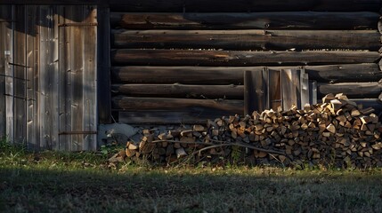 Poster - Firewood stacked near the wooden wall of old hut Many chopped logs of firewood close up : Generative AI
