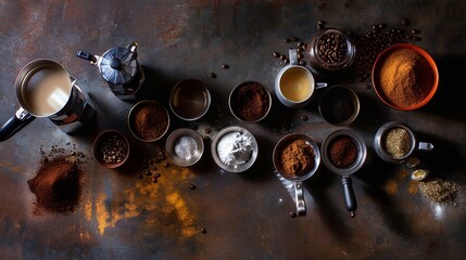 Poster - Ingredients for making coffee Different ways to make coffee geyser moka maker clay and metal cezve machine capsules Coffee making concept Flat Lay Top view Copy space : Generative AI