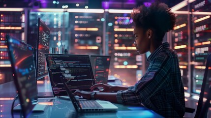 Poster - An African-American technician at the data center ensures continuous monitoring and verification of the effectiveness of data protection systems to prevent possible threats and security breaches.