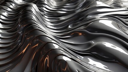 Wall Mural - Abstract black and white background with liquid metal silver waves. Beautiful monochrome flowing techno background design. Fluid reflective chrome folds wallpaper header concept.