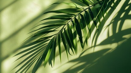 Aufkleber - Palm leaf shadow on a green wall background Olive color stylish flat lay with trendy shadow and sun light : Generative AI