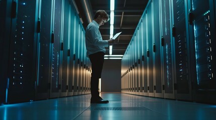 Aufkleber - The male engineer is actively engaged in data center analysis and verification, looking for opportunities to improve and optimize work processes.