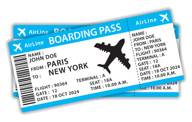 Beautiful boarding passes. Two blue flat design airplane tickets. Hand drawn vector icon illustration.