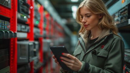 Poster - A female expert in the field of programming in the data center develops and implements software to automate the processes of storing and protecting information in cloud storage.