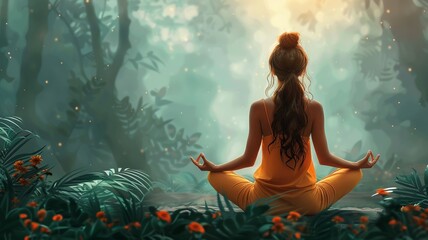 Yoga woman meditating in lotus flower pond vector illustration.